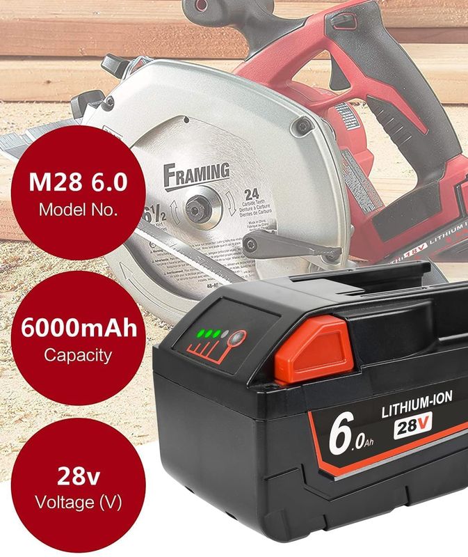 28V 6000mAh মিলওয়াকি প্রতিস্থাপন পাওয়ার টুল ব্যাটারি স্লাইড প্যাক ব্যাটারি সহ স্থিতিশীল আউটপুট ইনস্টল করা সহজ